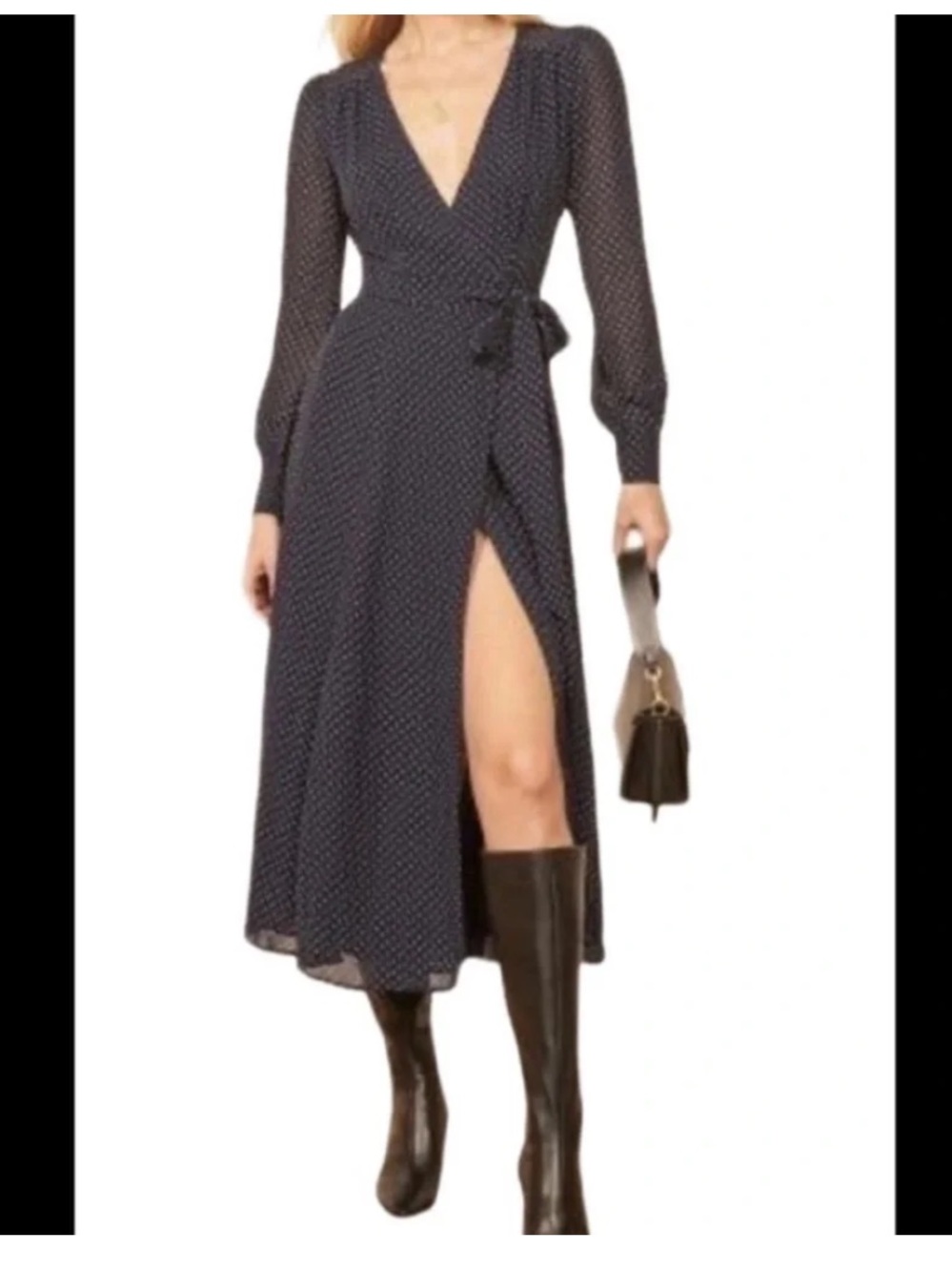 REFORMATION | Navy Polka Dot Midi wrap Dress